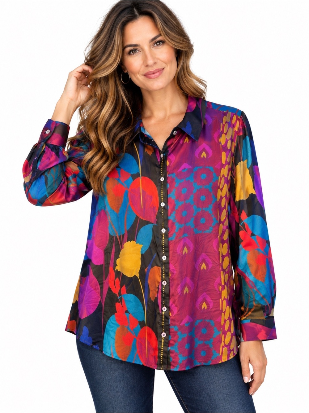 Soft Surroundings Silk Button Down Blouse 1X Multicolor Abstract Floral Print